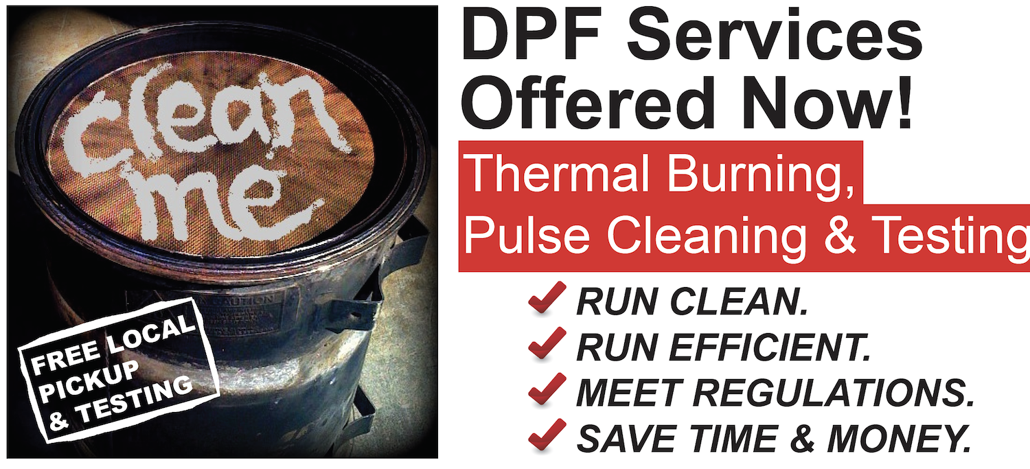 Image of a diesel particulate filter with "clean me" written on it, advertising DPF services including cleaning and testing.