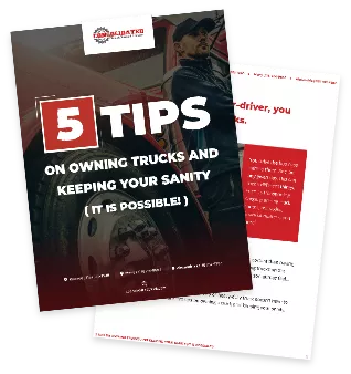 Flyer titled "5 Tips on Owning Trucks and Keeping Your Sanity" overlapping another text document.