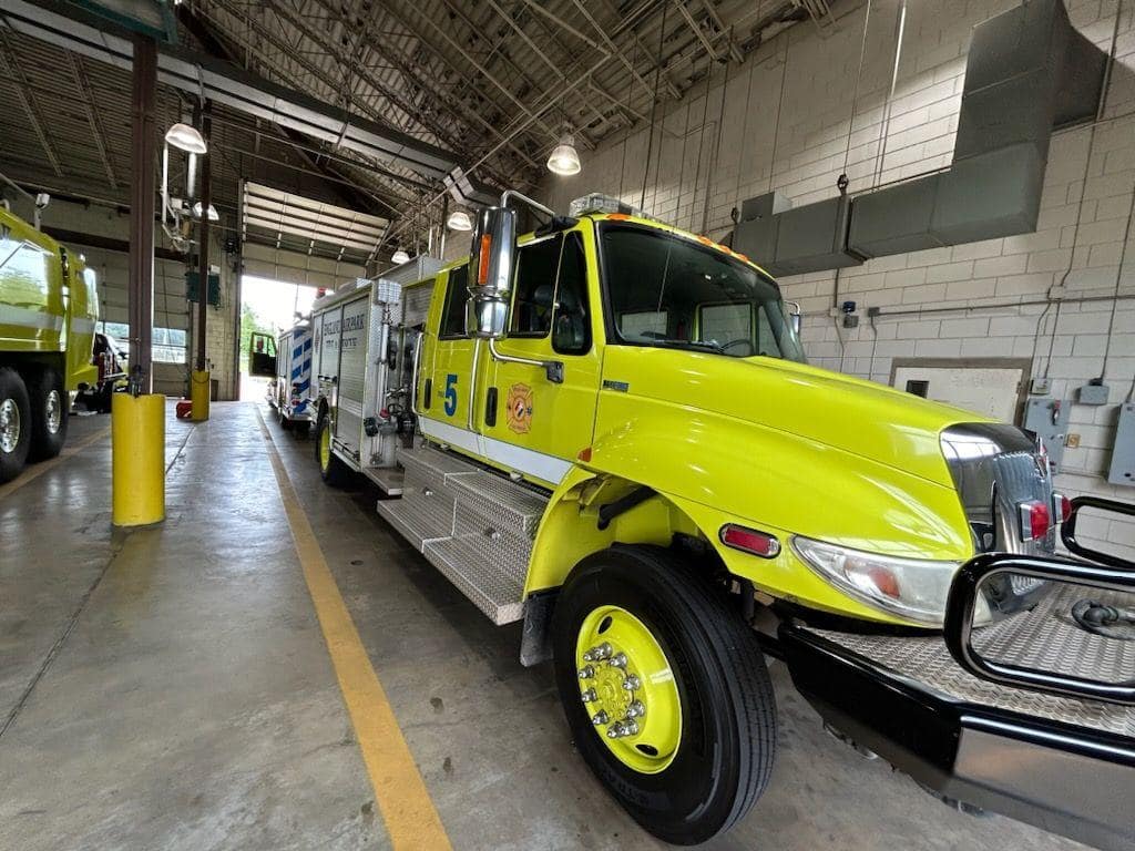 truck and fleet tune ups in Many, LA with Consolidated Truck Parts & Service. Image of a local fire truck in the shop bay for a tune up and maintenance.