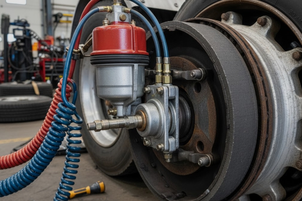 Semi-Truck Air Brakes, Truck Maintenance, Brake Repair In Monroe LA At Consolidated Truck. Close-up view of a semi-truck air brake system being serviced at an auto repair shop