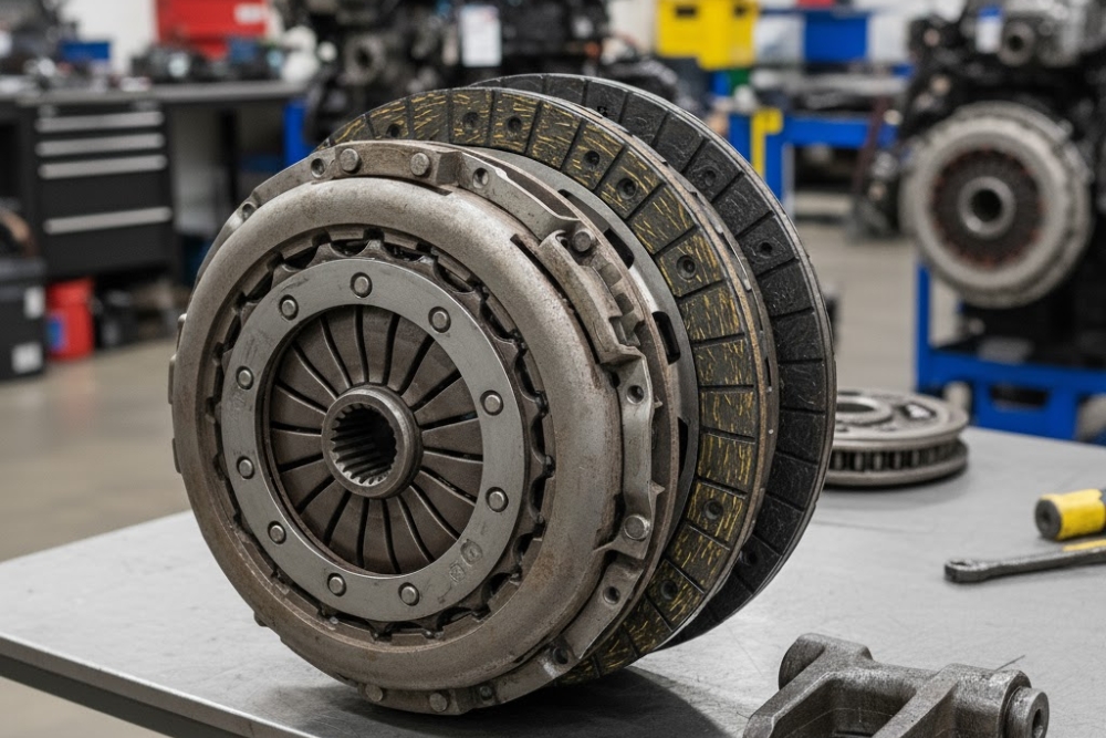 Semi-Truck Clutch Repair in Lafayette, LA At Consolidated Truck. Close-up view of a semi-truck clutch at a repair shop.