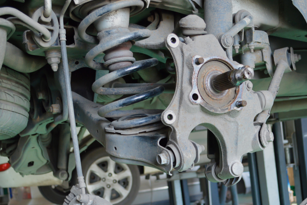Semi-truck suspension repair in Lafayette, LA by Consolidated Truck Parts & Service. Close-up of semi-truck suspension.